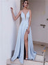 A Line Light Blue Spaghetti Strap V Neck Sleeveless Prom Dress LBQ1855